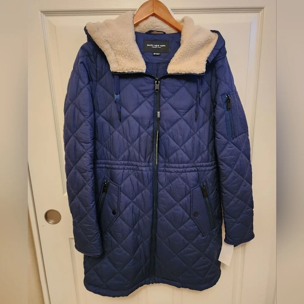 Marc New York Andrew Marc Blue Quilted Full Zip Sherpa Hooded Winter Jacket